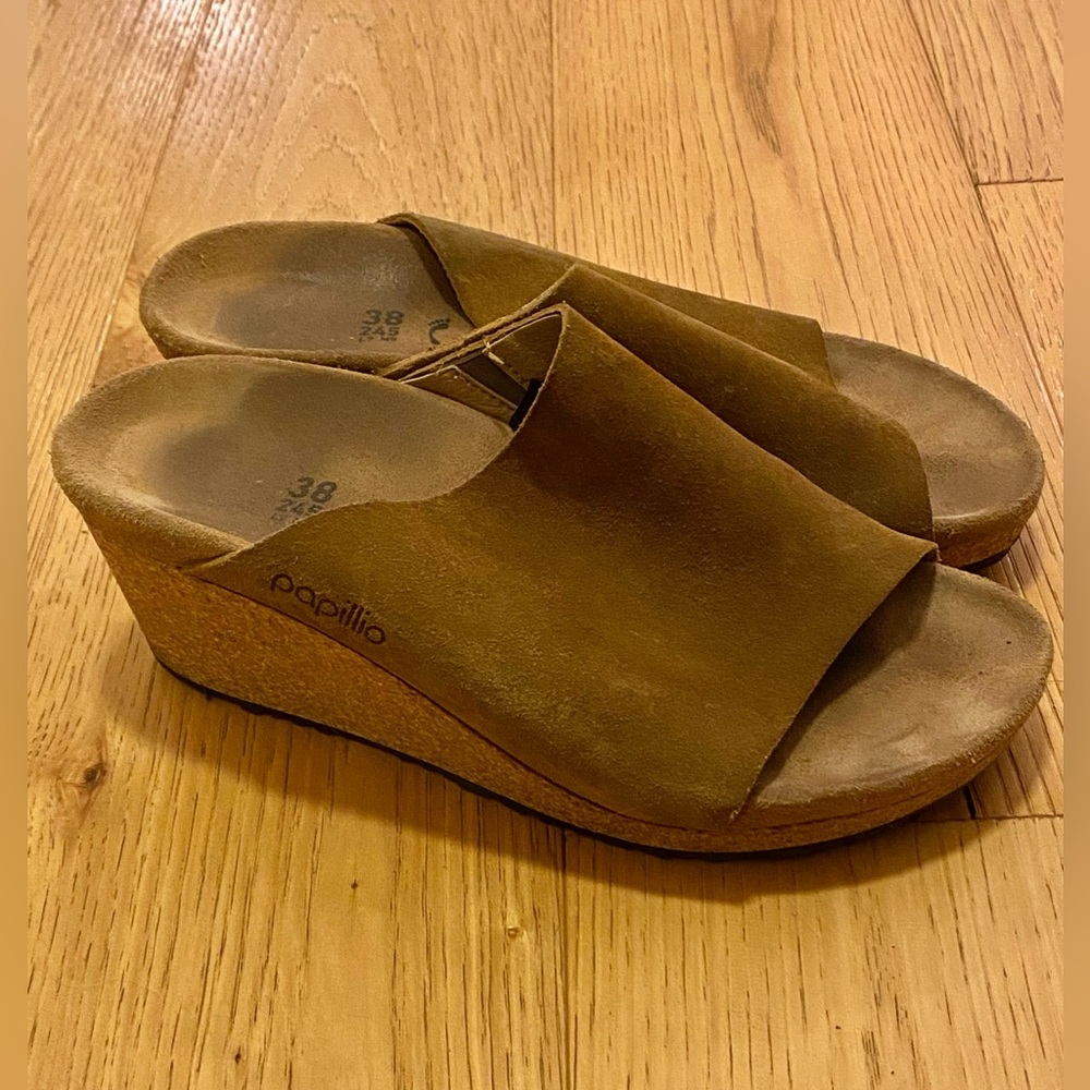 Papillio Olive/Tan Suede Cork Wedge Slide Sandals